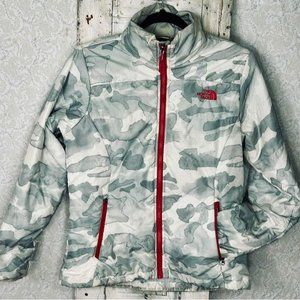 North Face Jacket Puffer Gray & White Camo Zippered Pockets Woman’s Size Medium